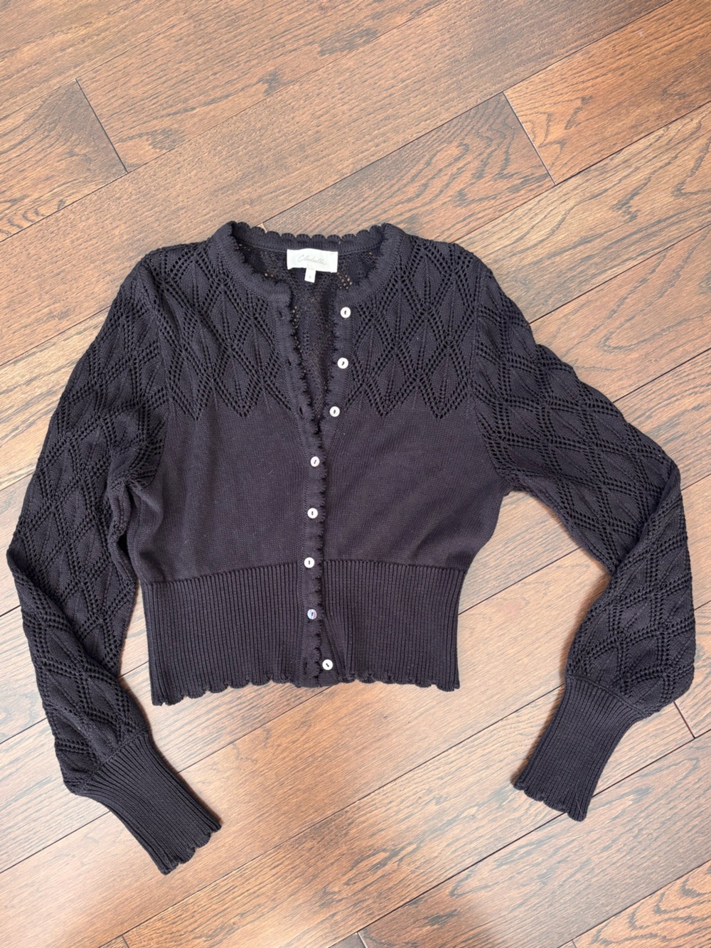 Cleobella Black Pointelle Knit Cropped Cardigan